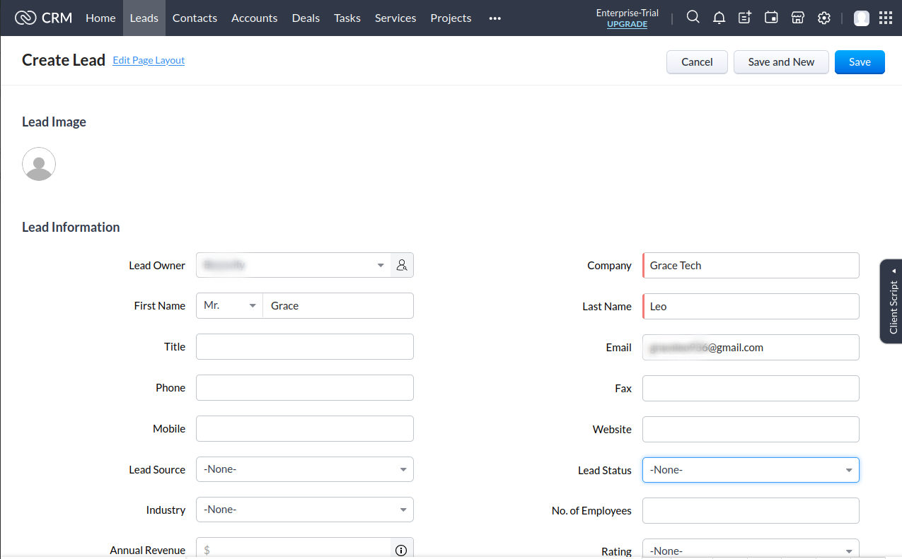 Zoho CRM integration step