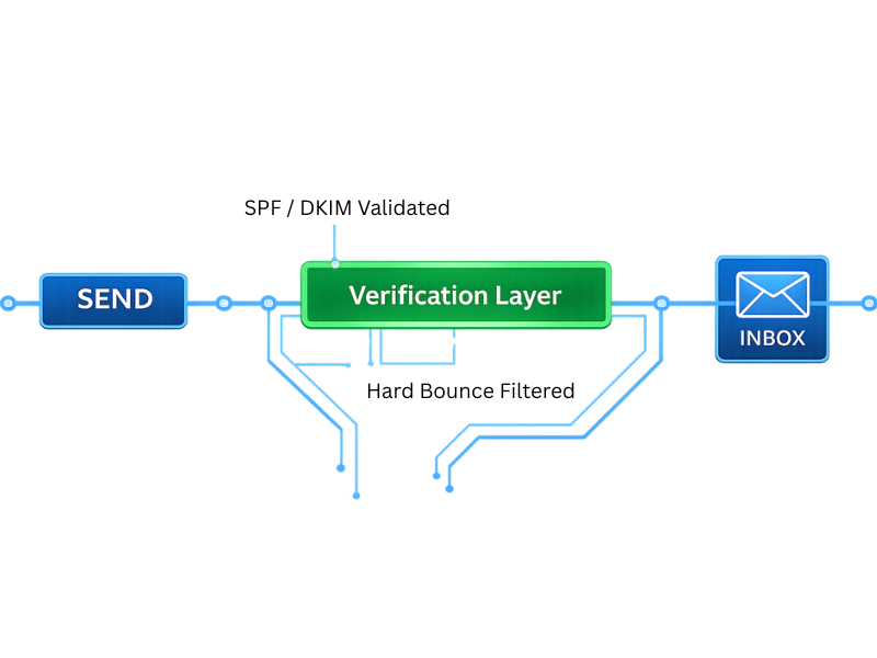 Email verification layer showing SPF, DKIM validation and bounce filtering for better inbox placement